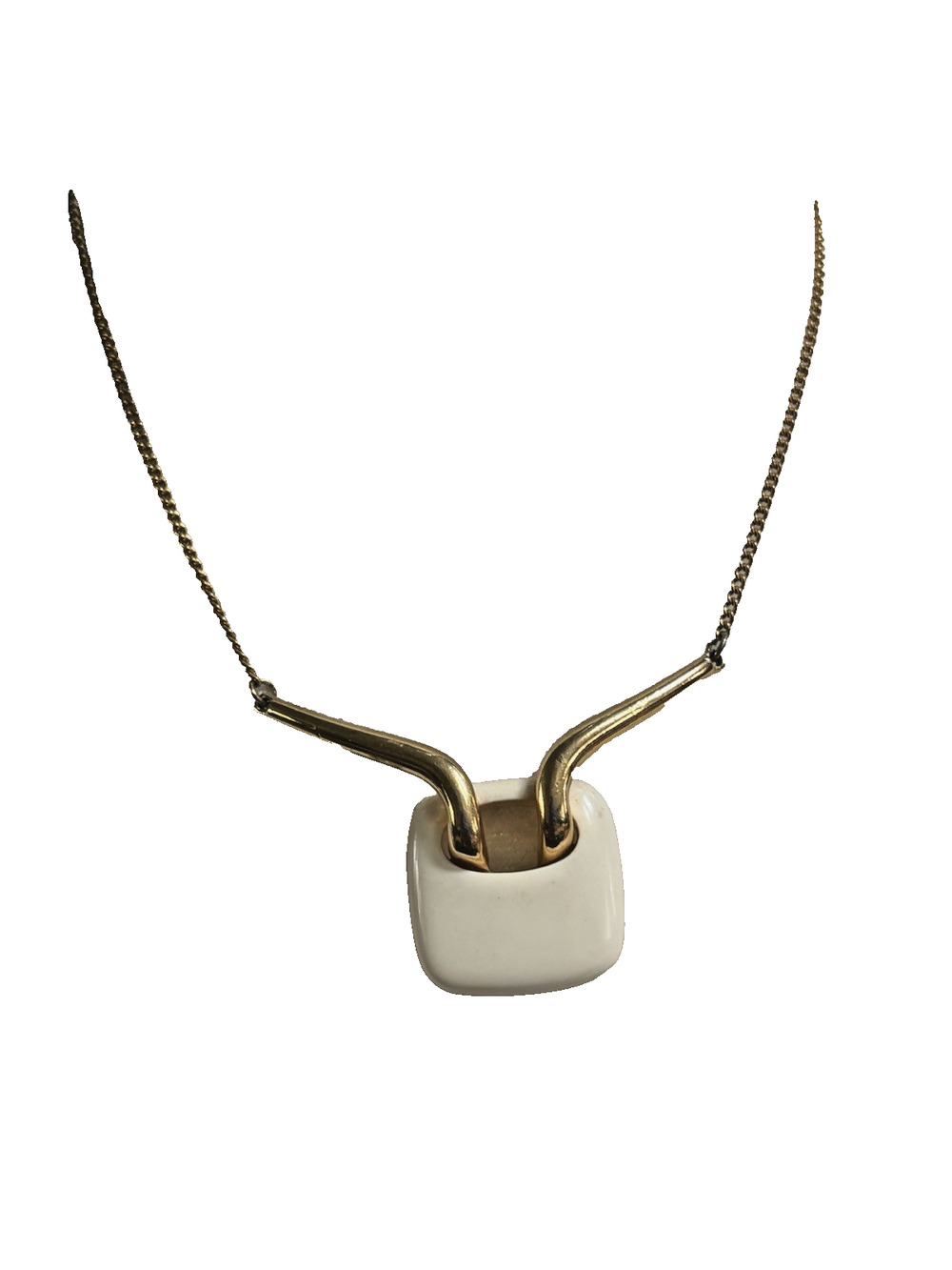 Vintage Crown Trifari Cream Tone Lucite & Gold Tone Necklace Modernist Geometric